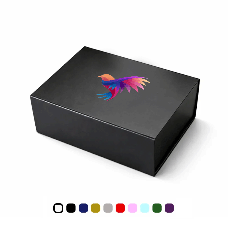 Small black magnetic box with full colour DTF logo on the lid