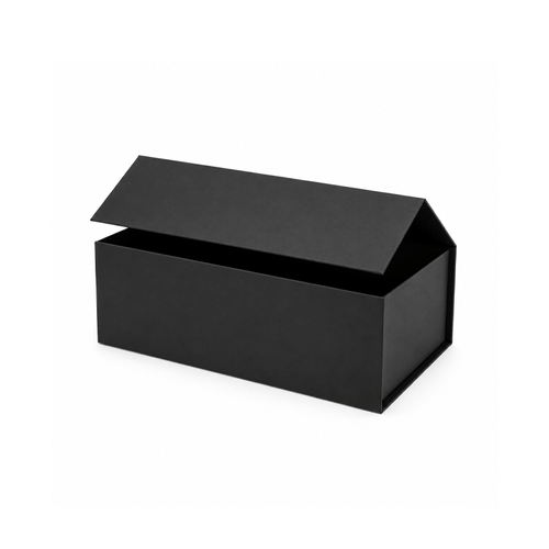 Black small magnetic gift box with lid slightly open on a white background