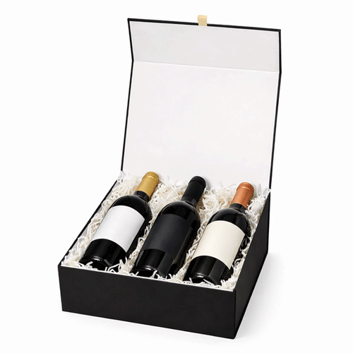 3 Bottle Magnetic gift box with 3 bottles of wine on a white background