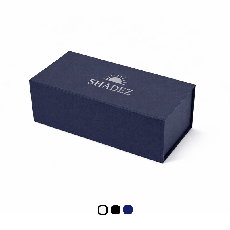 190 x 90 x 70mm Branded navy magnetic gift box on a plain white background