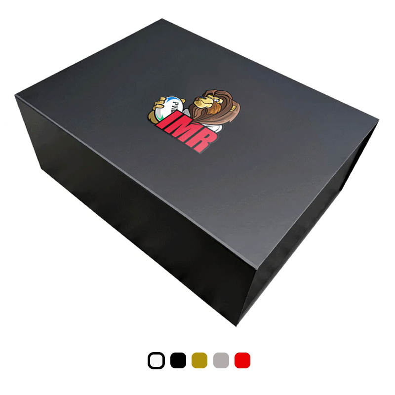 A black magnetic gift box with full colour branded logo on it