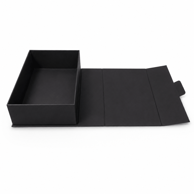 Black eco friendly a4 gift box flat with the lid open on a white background