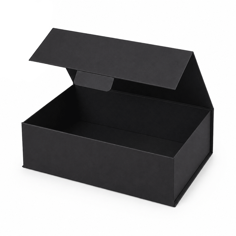 Black eco friendly a4 gift box with the lid open on a white background