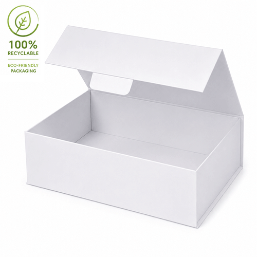 White eco friendly a4 gift box with lid open and a 100% recyclable logo on a white background