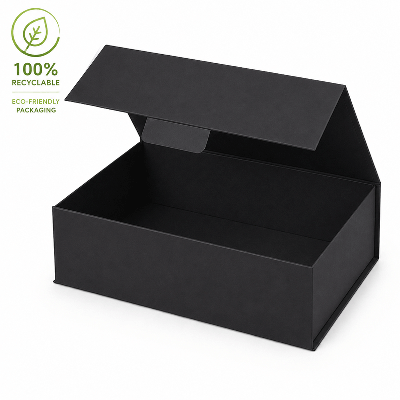 Black eco friendly a4 gift box with lid open and a 100% recyclable logo on a white background