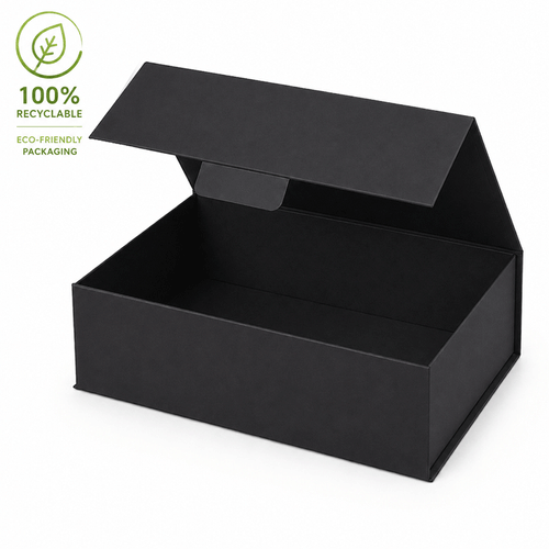 Black eco friendly a4 gift box with lid open and a 100% recyclable logo on a white background