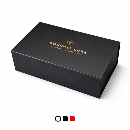 Branded black A4 magnetic gift box on a plain white background