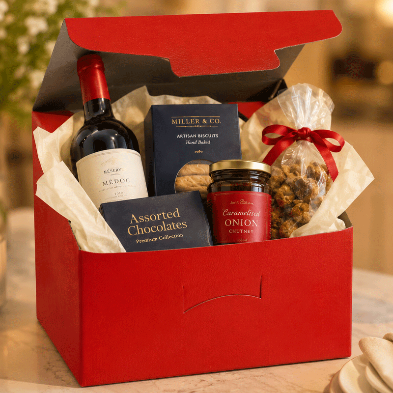 Red hamper gift box with contents