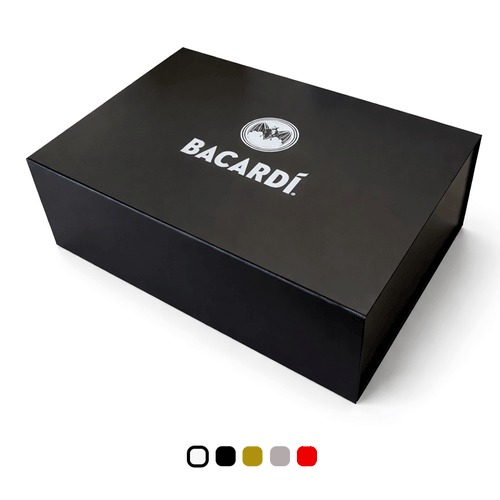 Branded black magnetic box 400 x 300 x 150mm on a plain white background