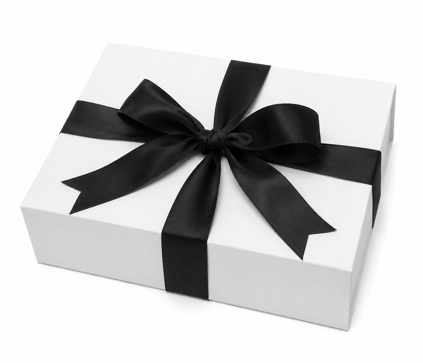 black satin ribbon on white magnetic gift box