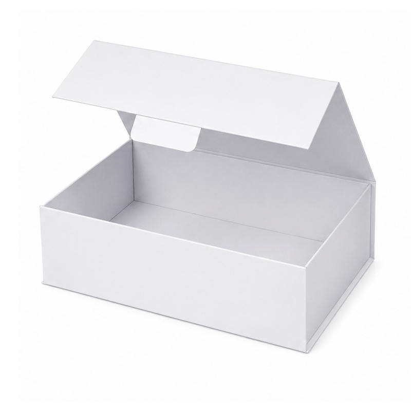 White eco friendly a4 gift box with the lid open on a white background