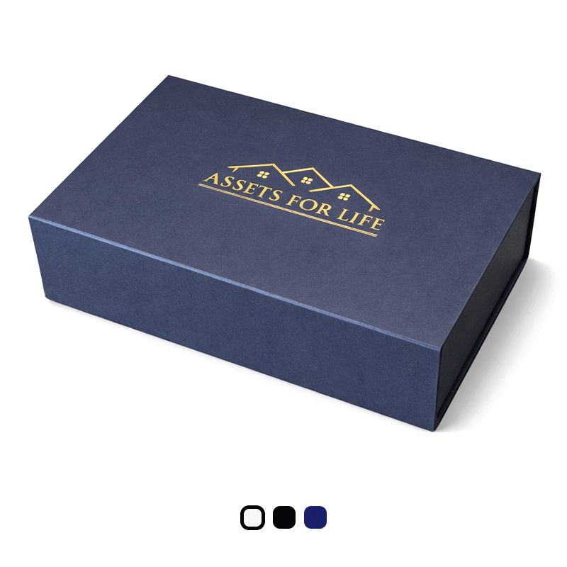 Navy blue branded magnetic box 380 x 280 x 120mm on a plain white background