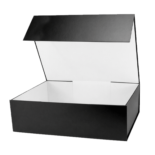 Large Black magnetic gift box, open, showing the white interior on a plain white background