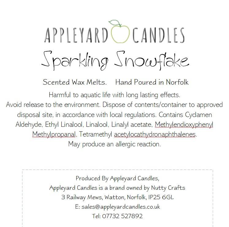 An image of the CLP label for our sparkling snowflake fragranced wax melts