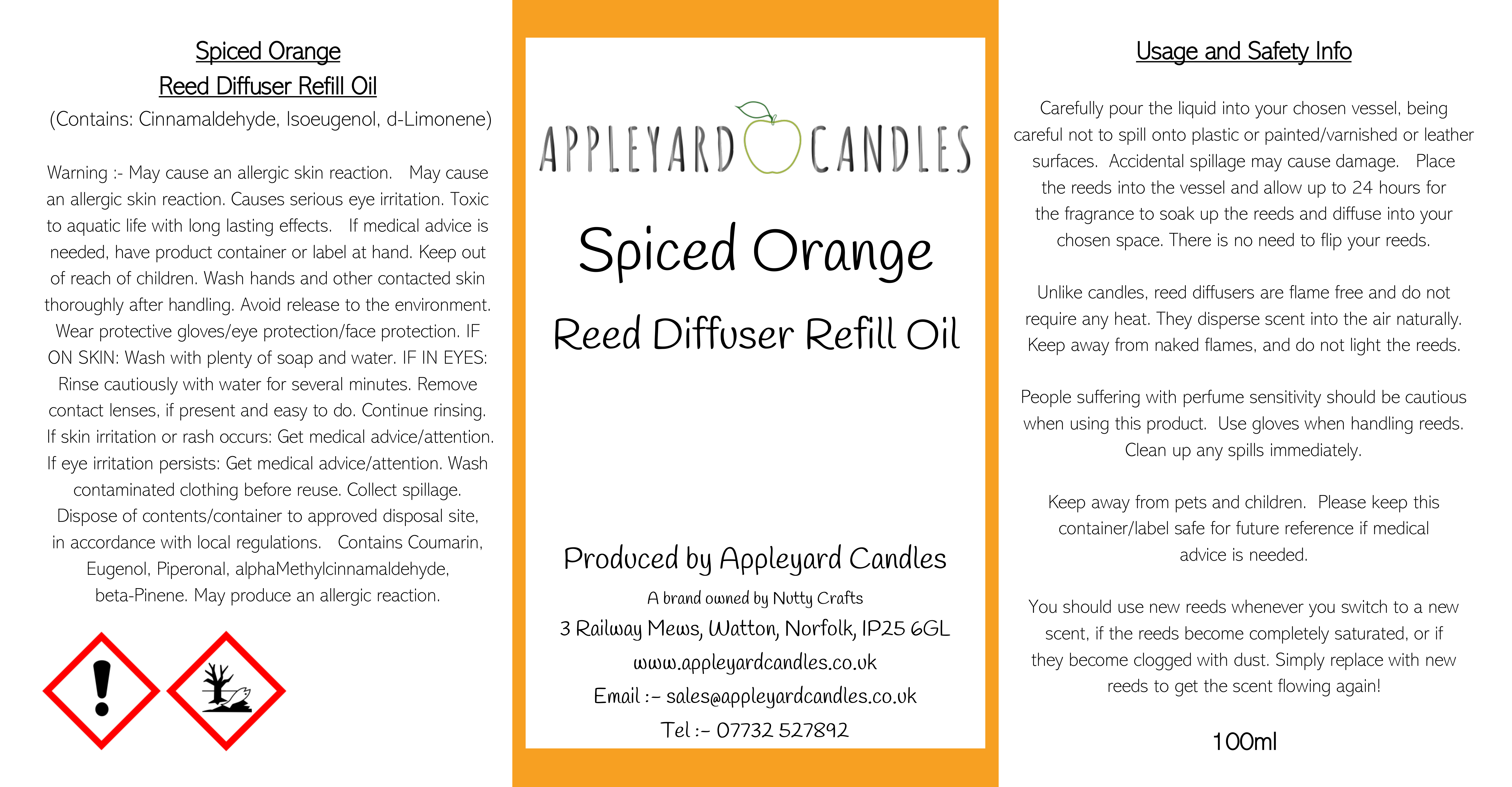 an image of a spiced orange reed diffuser refill clp label