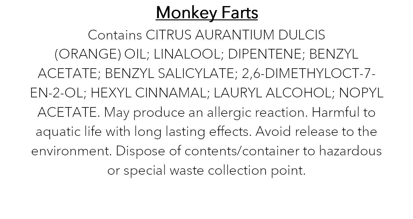 an image of the clp information for monkey farts fragranced wax melts