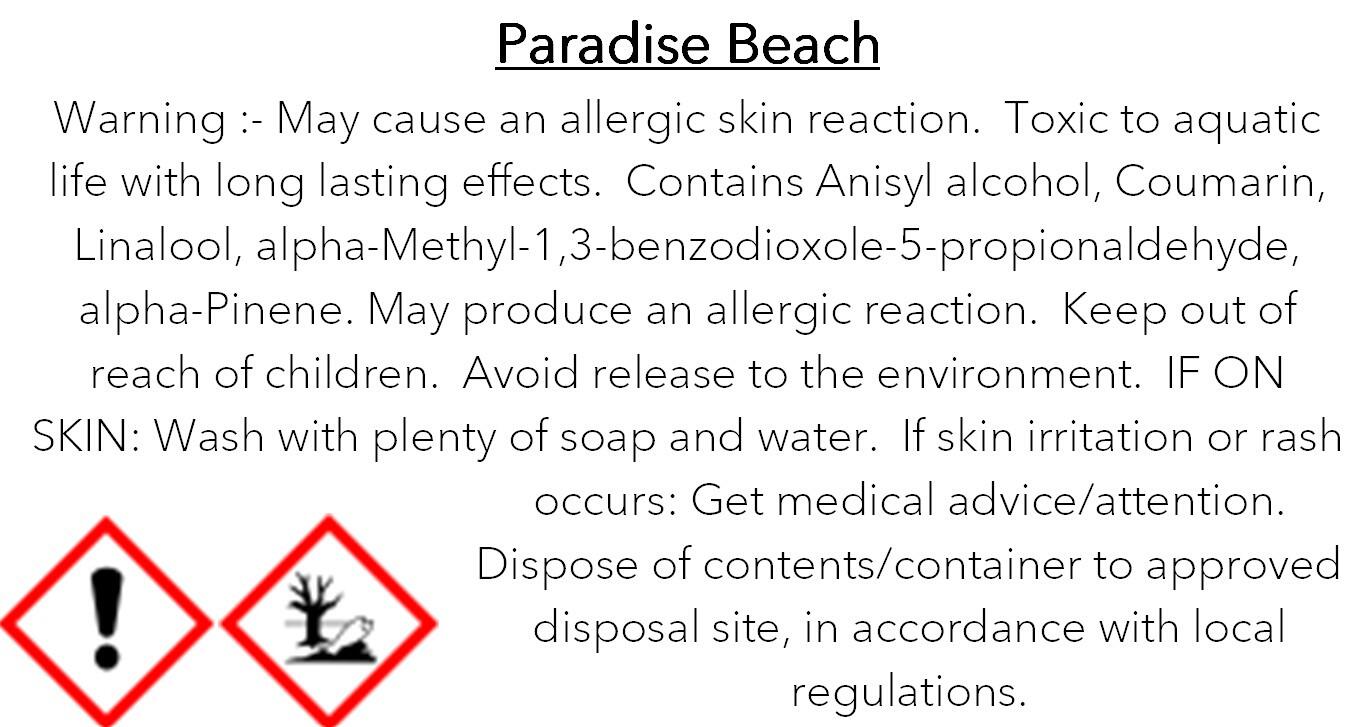 an image of the clp information for paradise beach fragranced wax melts