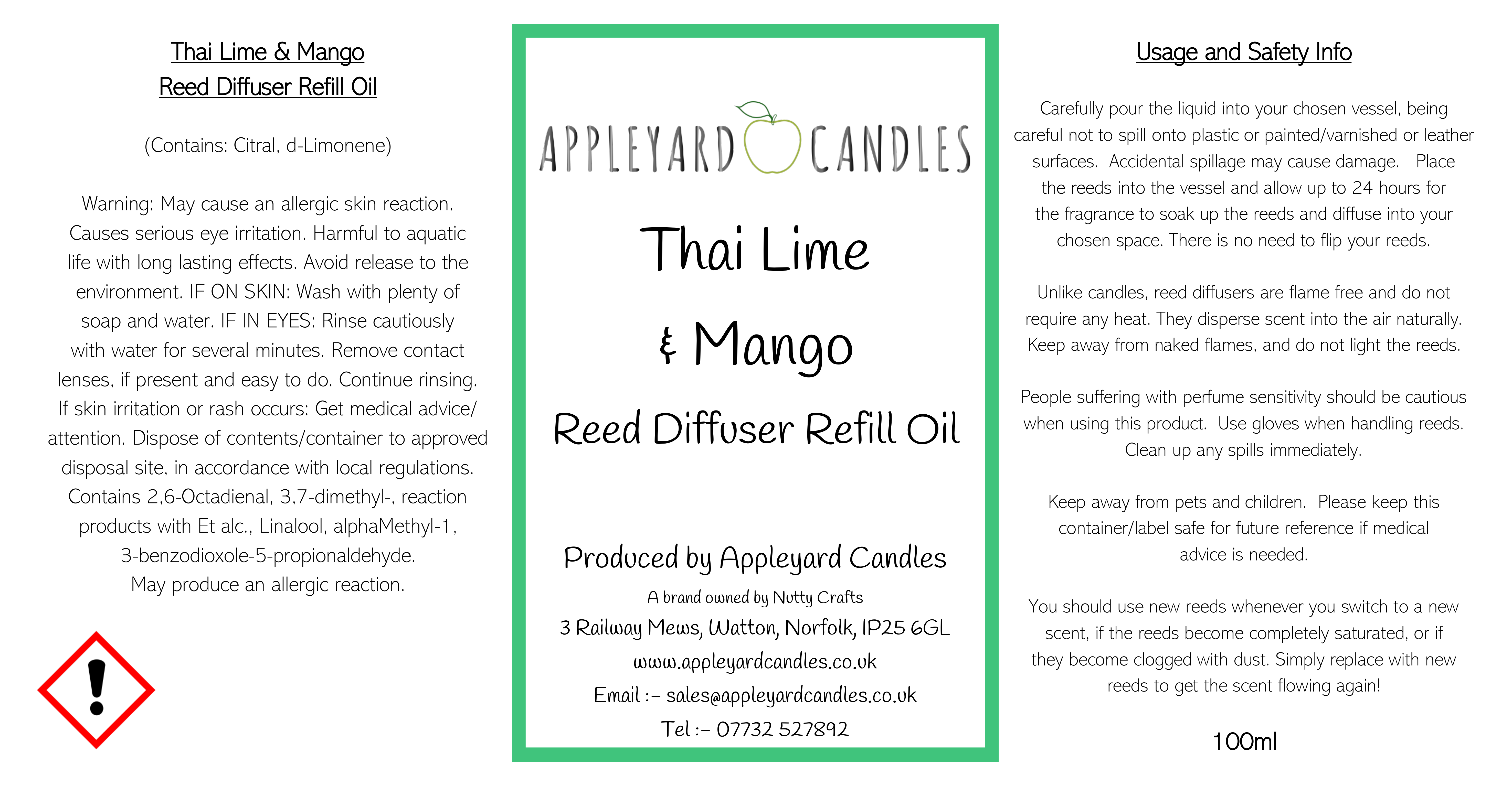image of clp label for thai lime & mang reed diffuser refil