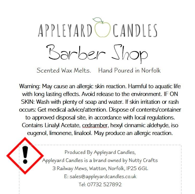 An image of the CLP label for our Barber shop fragranced wax melts
