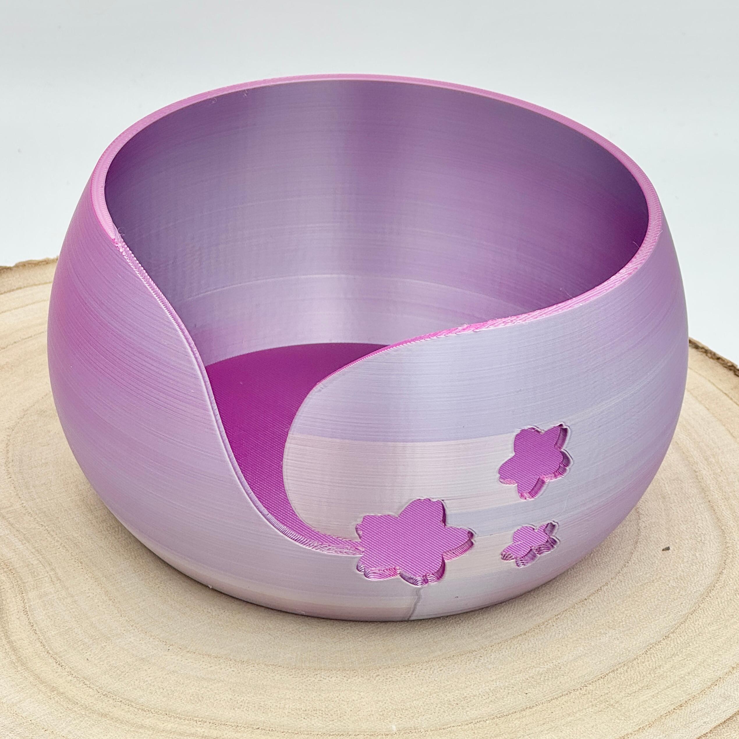an image of a floral themed yarn bowl in pink & silver