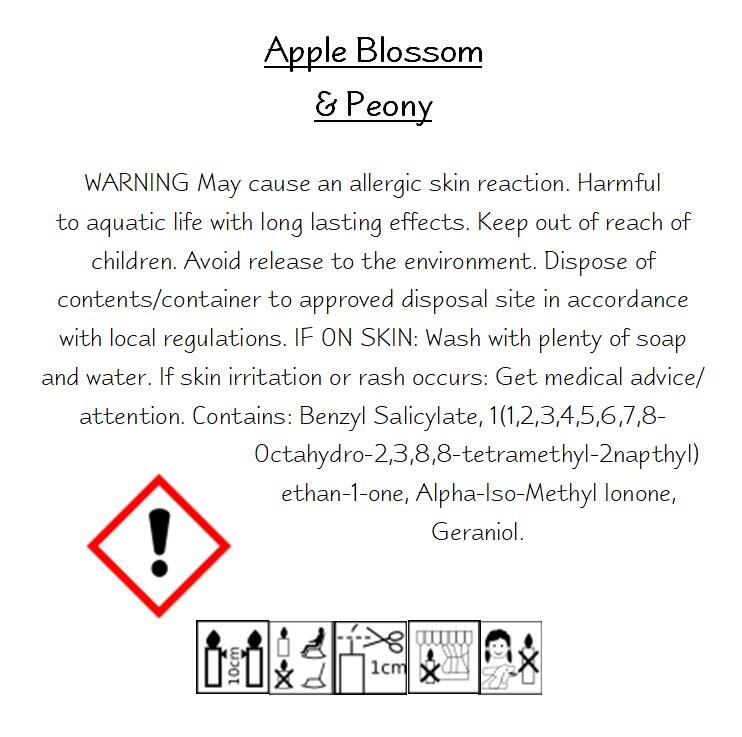 an image of the clp information for apple blossom and peony wax melts