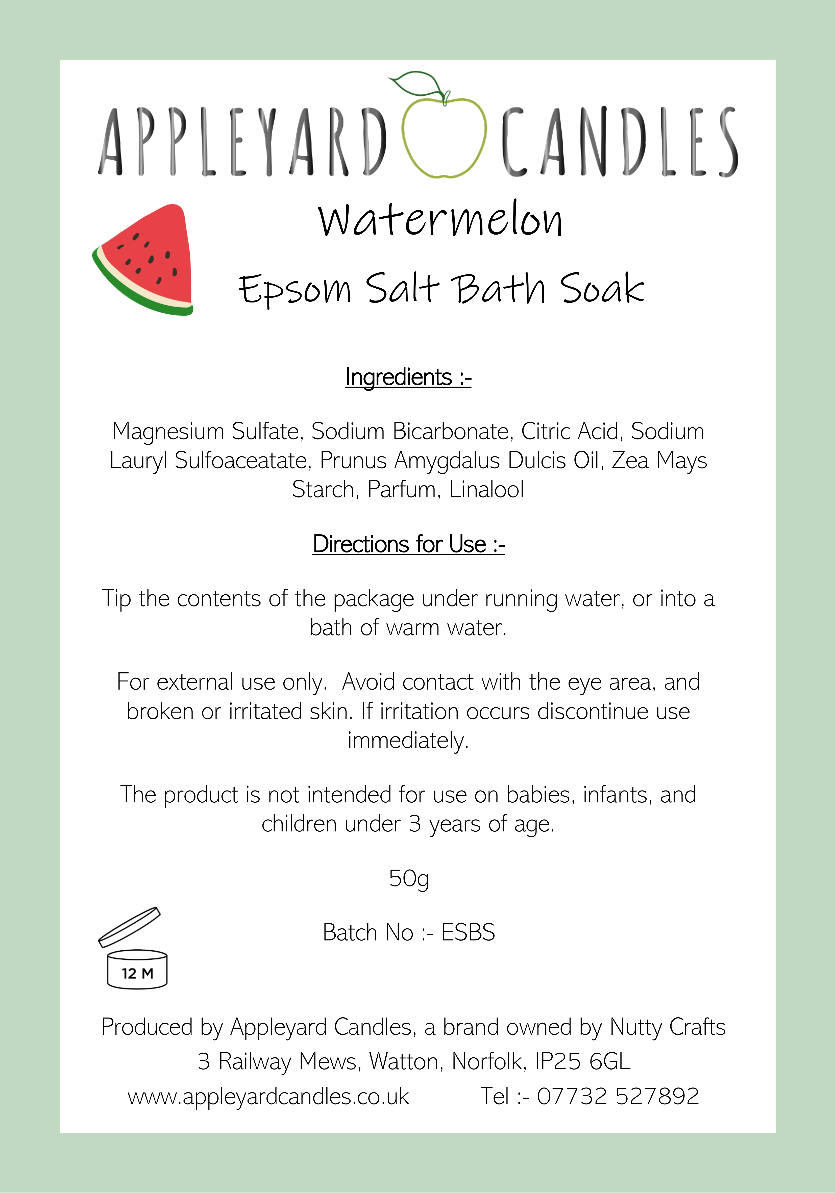 an image of the label information for watermelon bath soak