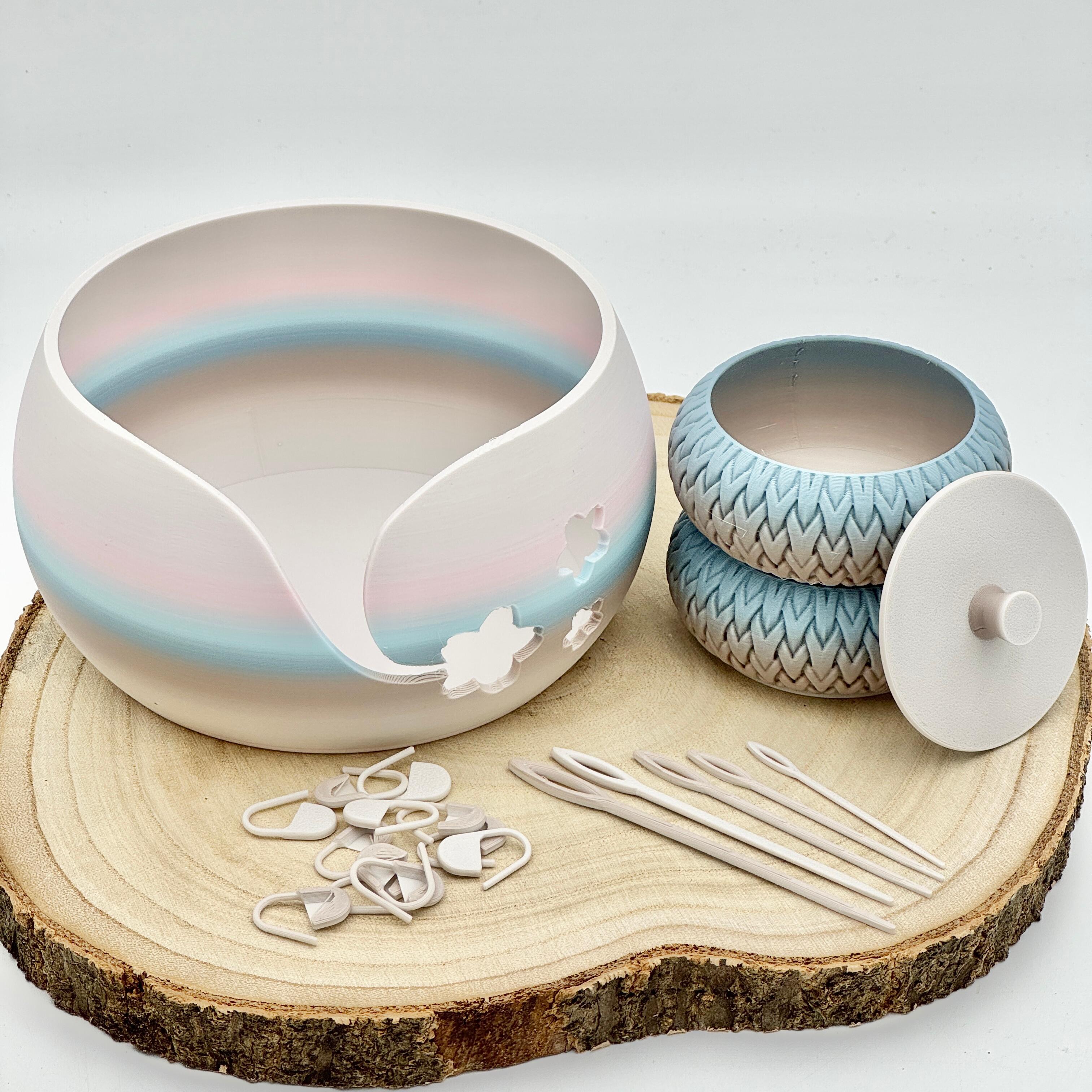 an image of the yarn bowl gift set in shades of pink and grey