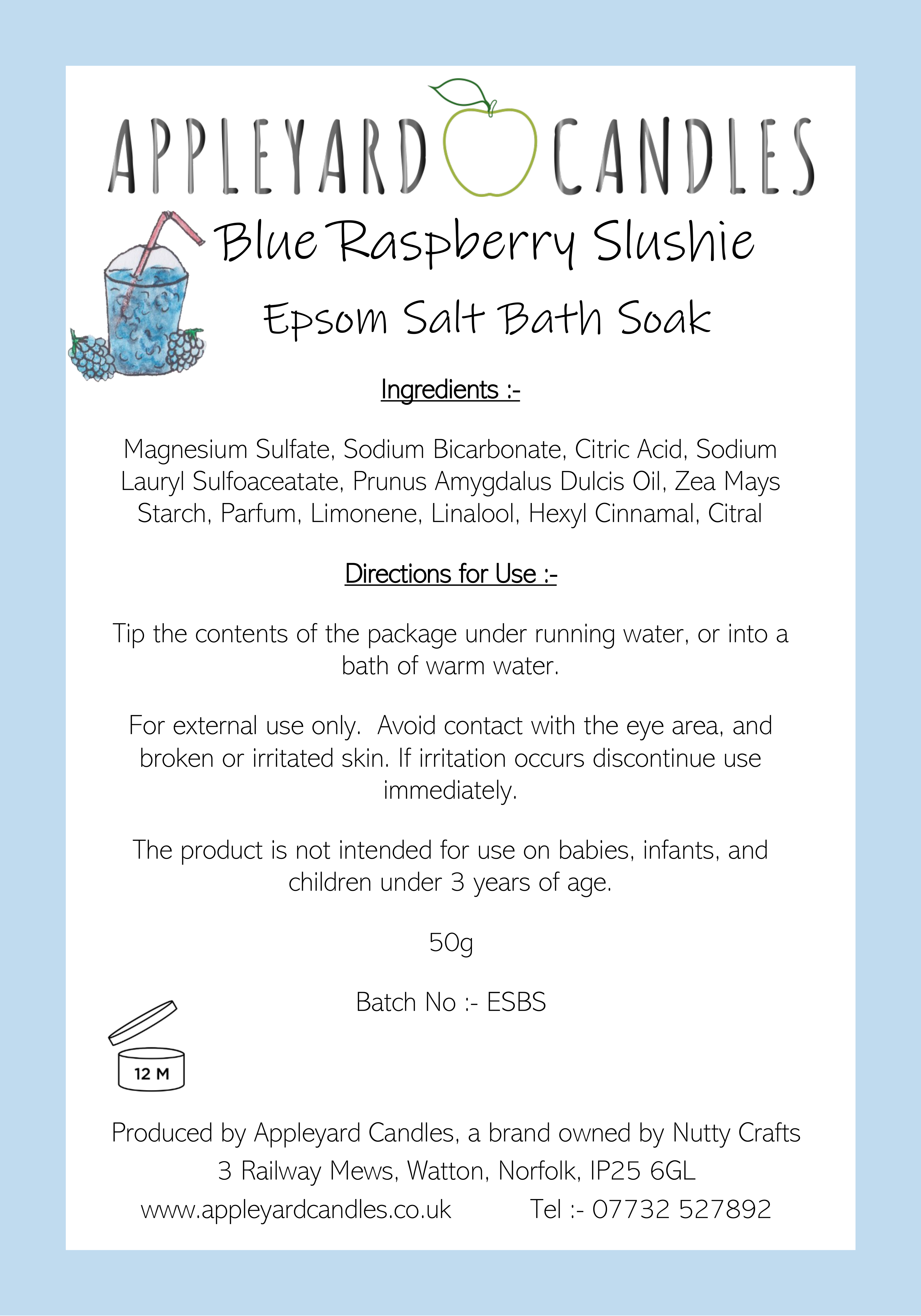 an image of the label information for blue raspberry bath soak