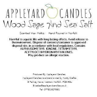 An image of the CLP label for our wood sage fragranced wax melts
