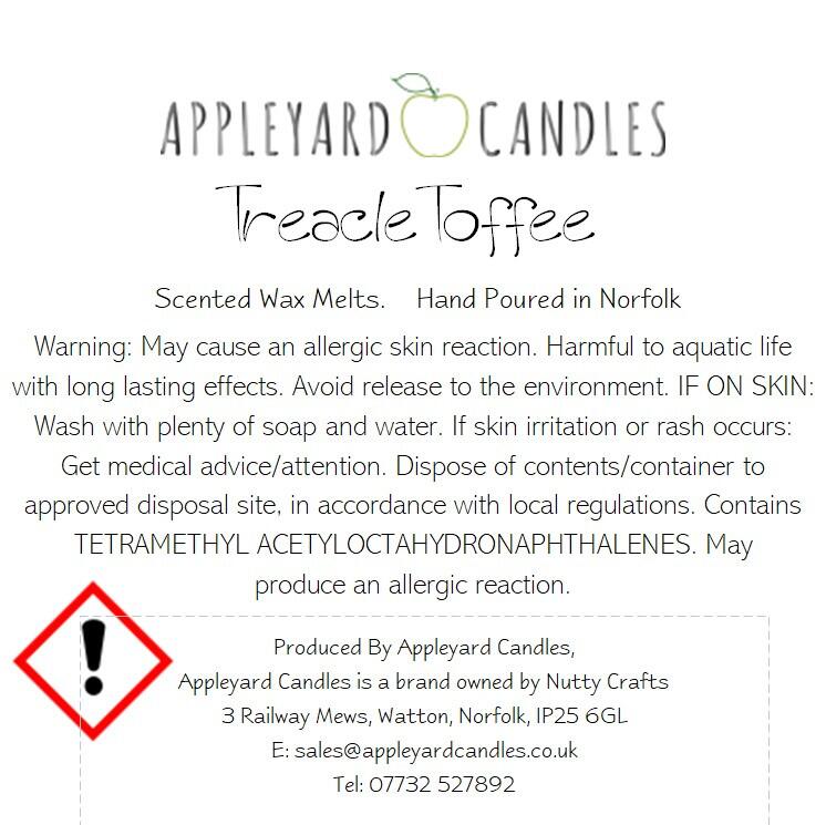 An image of the CLP label for our treacle toffee fragranced wax melts