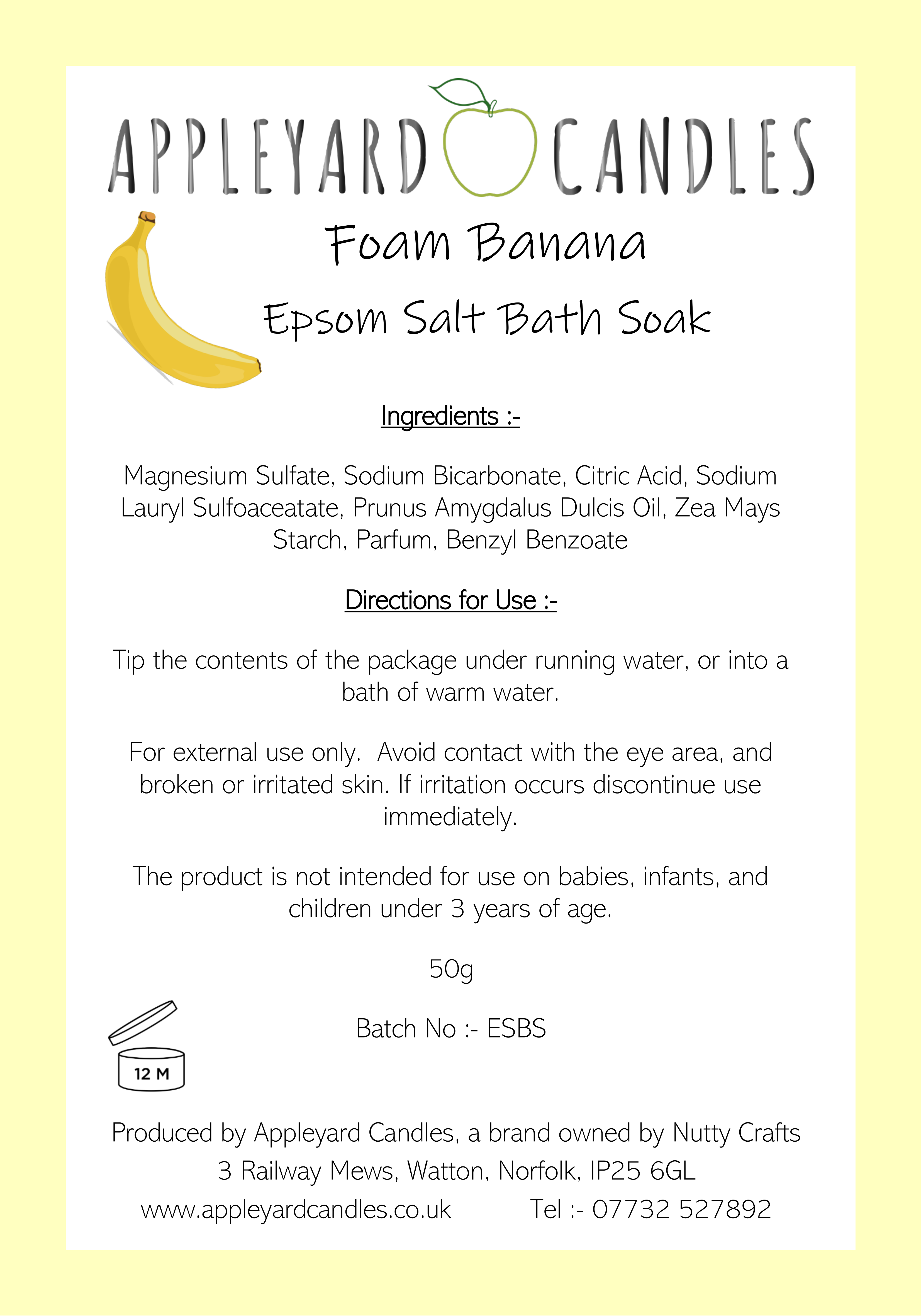 an image of the label information for foam banana bath soak