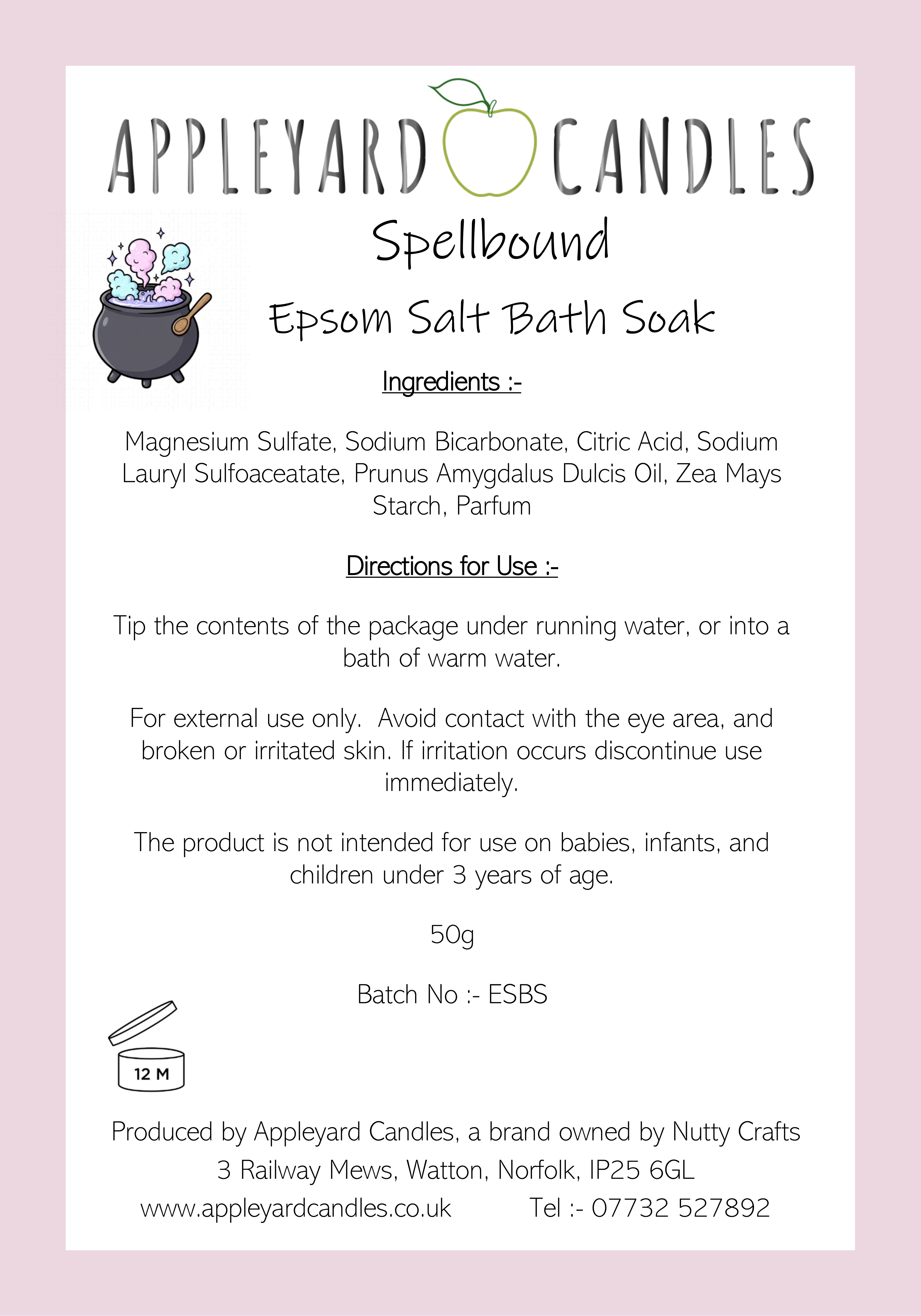 an image of the label information for spellbound bath soak