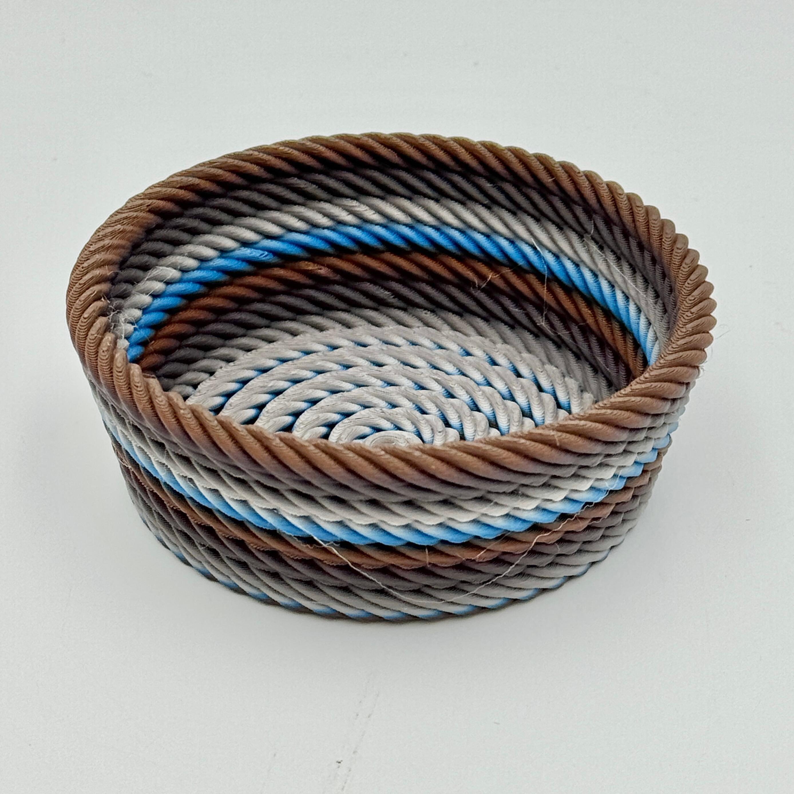 brown and blue striped rope style trinket basket
