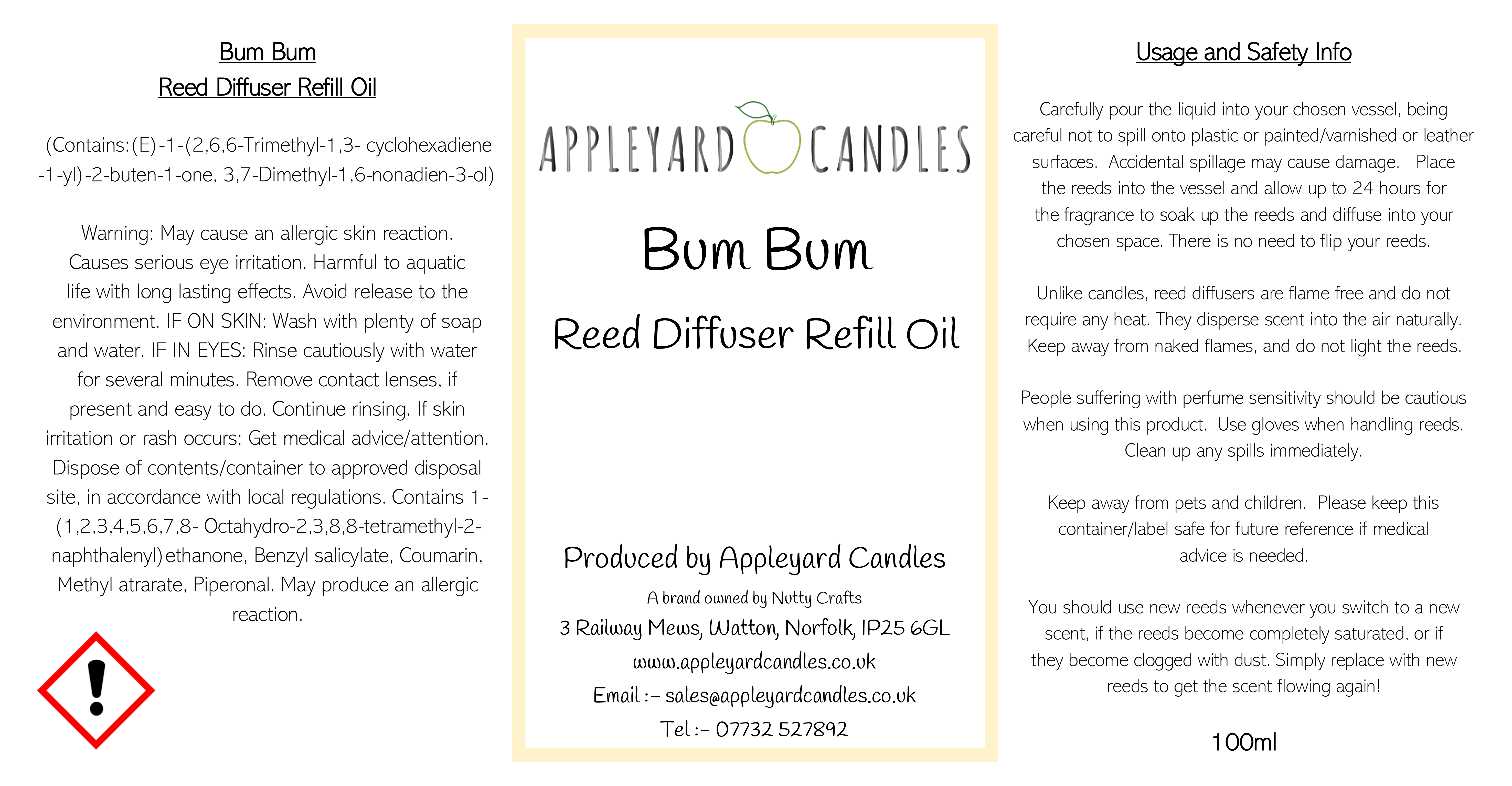 image of clp label for bum bum reed diffuser refill