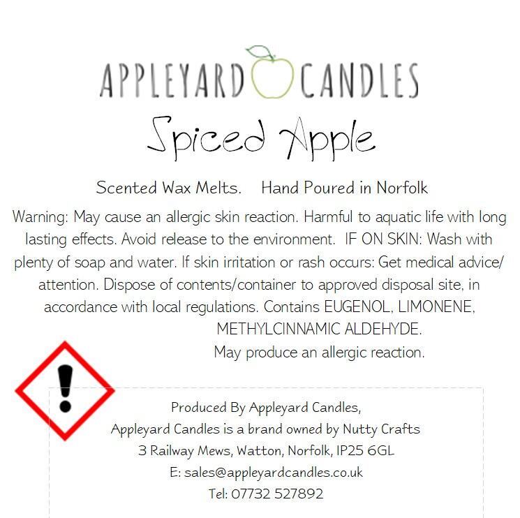 An image of the CLP label for our spiced apple fragranced wax melts