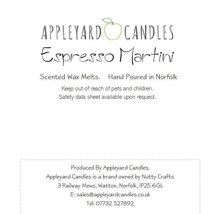 An image of the CLP label for our espresso martini fragranced wax melts