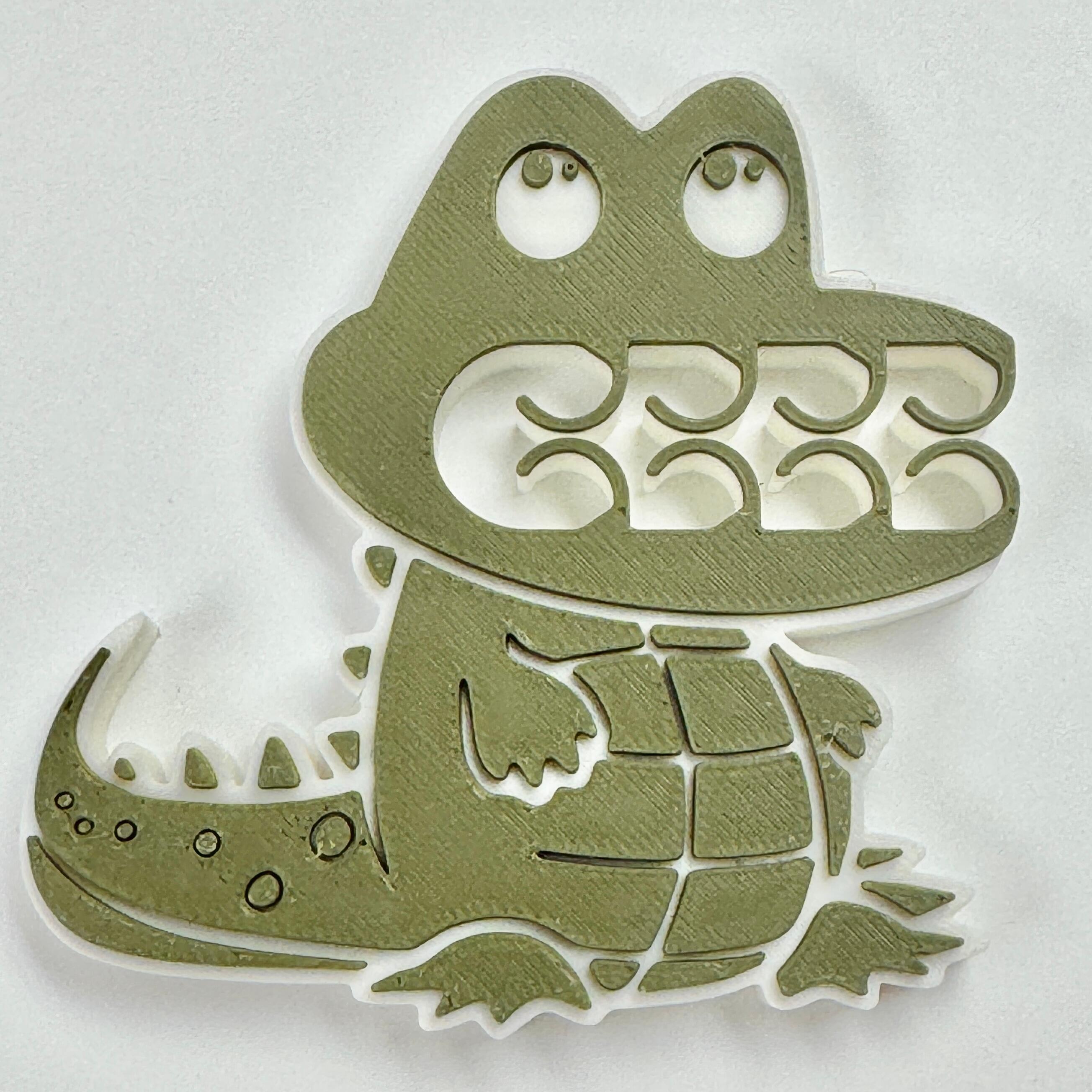 A green and white crocodile bag clip