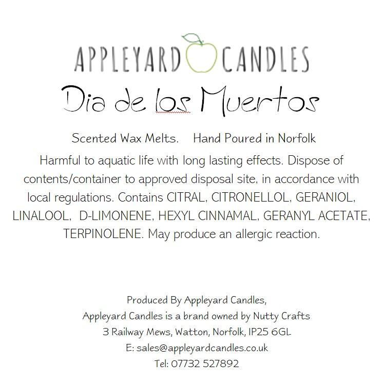 An image of the CLP label for our dia de los muertos fragranced wax melts