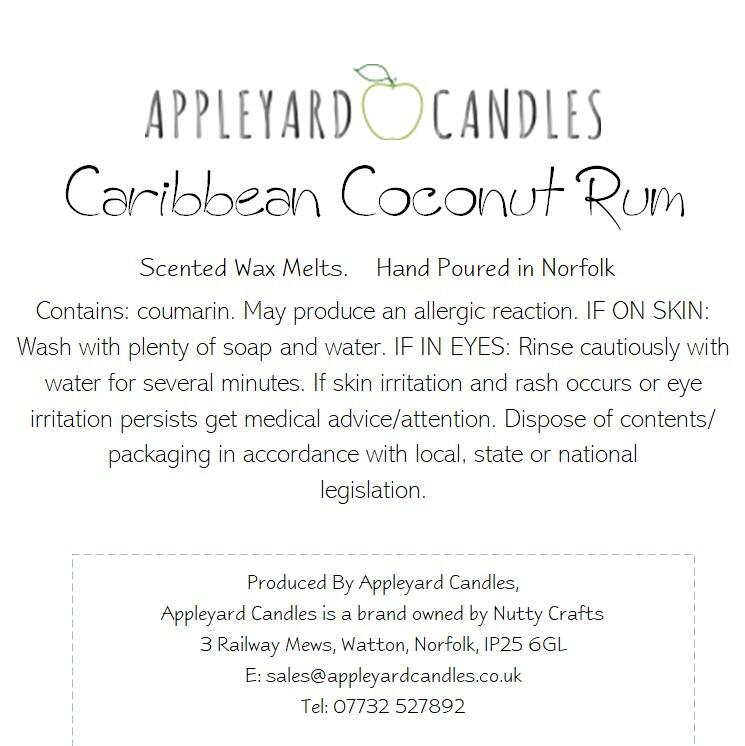An image of the CLP label for our coconut rum fragranced wax melts