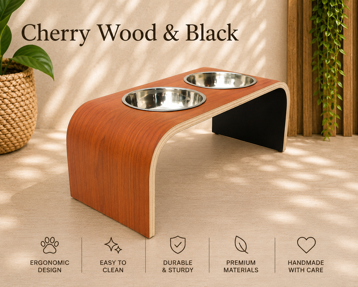 Cherry wood and black raised dog bowl stand with stainless steel bowls, handmade elevated pet feeder in a modern home, ergonomic feeding station for dogs and cats.