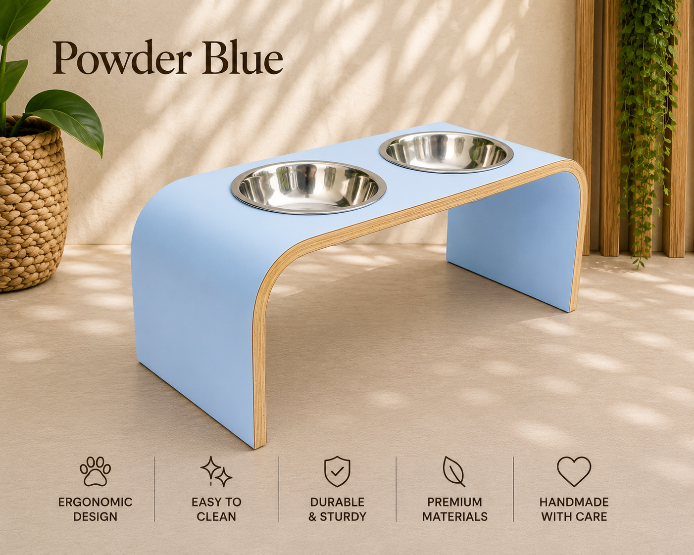 Powder blue raised wooden dog bowl stand with stainless steel bowls, handmade elevated pet feeder in a bright contemporary home, ergonomic feeding station for dogs and cats.