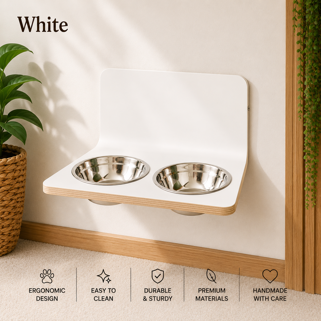 White wall mounted dog bowl stand with stainless steel bowls, handmade elevated pet feeder for dogs and cats with a contemporary design.