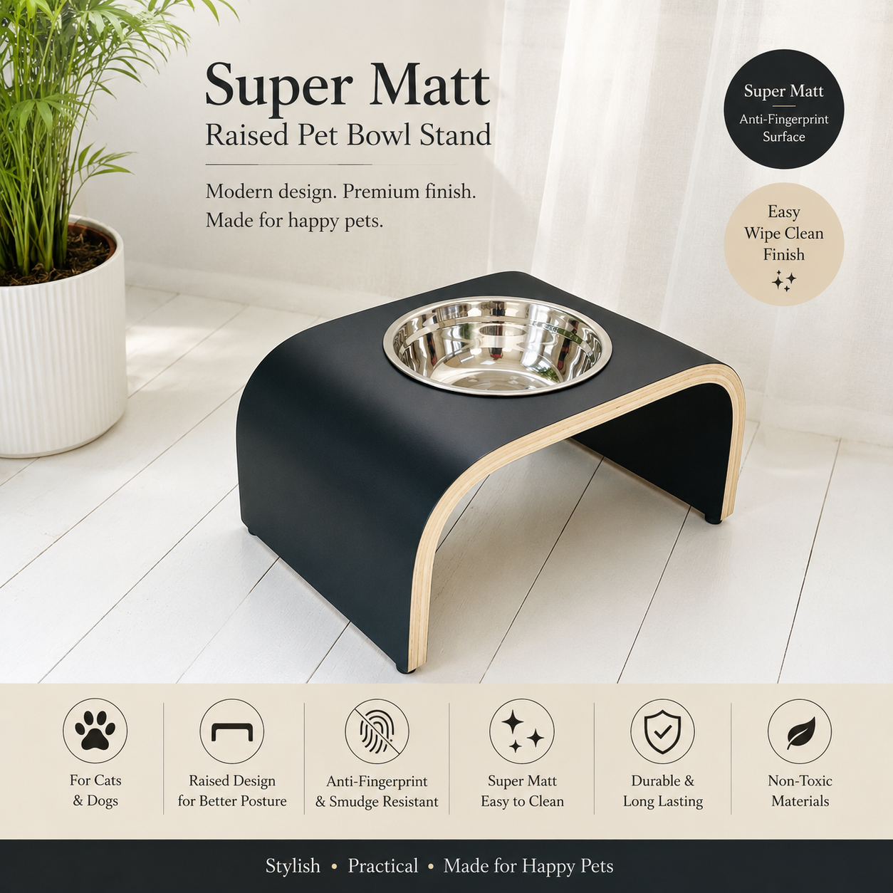Handmade Super Matt black raised pet bowl stand with a curved wooden design and removable stainless steel bowl, displayed in a bright modern home. Premium anti-fingerprint elevated feeder for cats and dogs featuring an easy-clean, smudge-resistant laminate finish, durable construction, and stylish contemporary design.