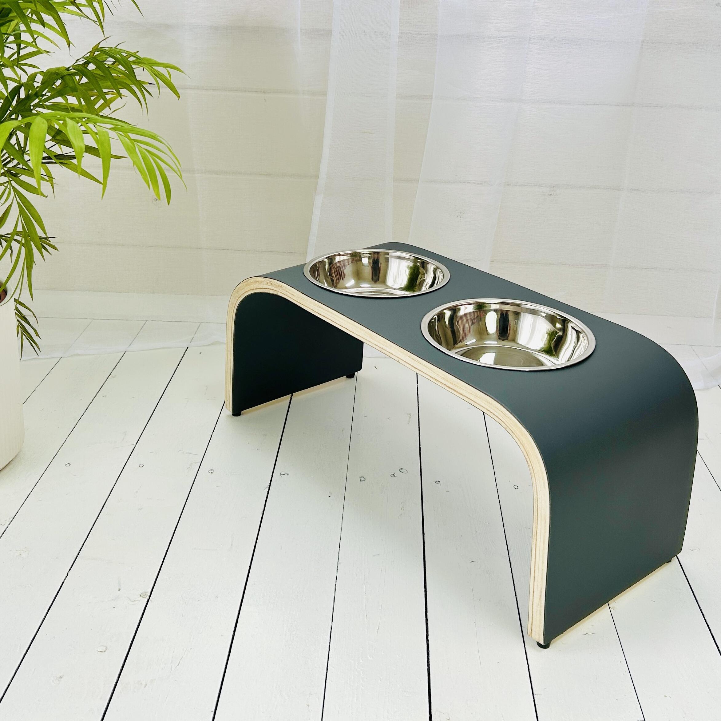 high two bowl dark grey wood dog bowl stand in white sun room