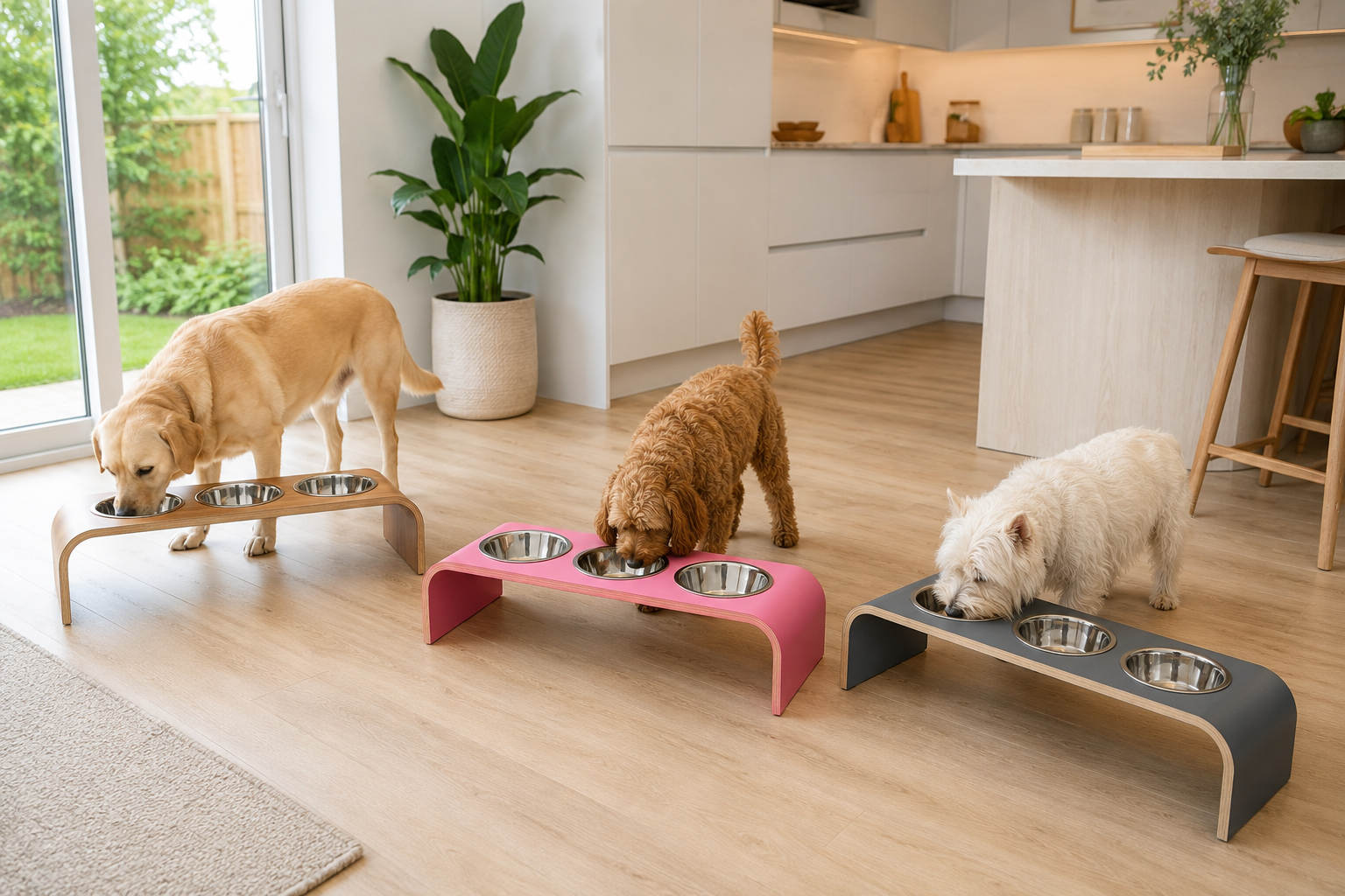 Three handmade triple raised pet feeders in walnut, pink and charcoal grey finishes with stainless steel bowls in a bright modern family kitchen with dogs enjoying their meals.