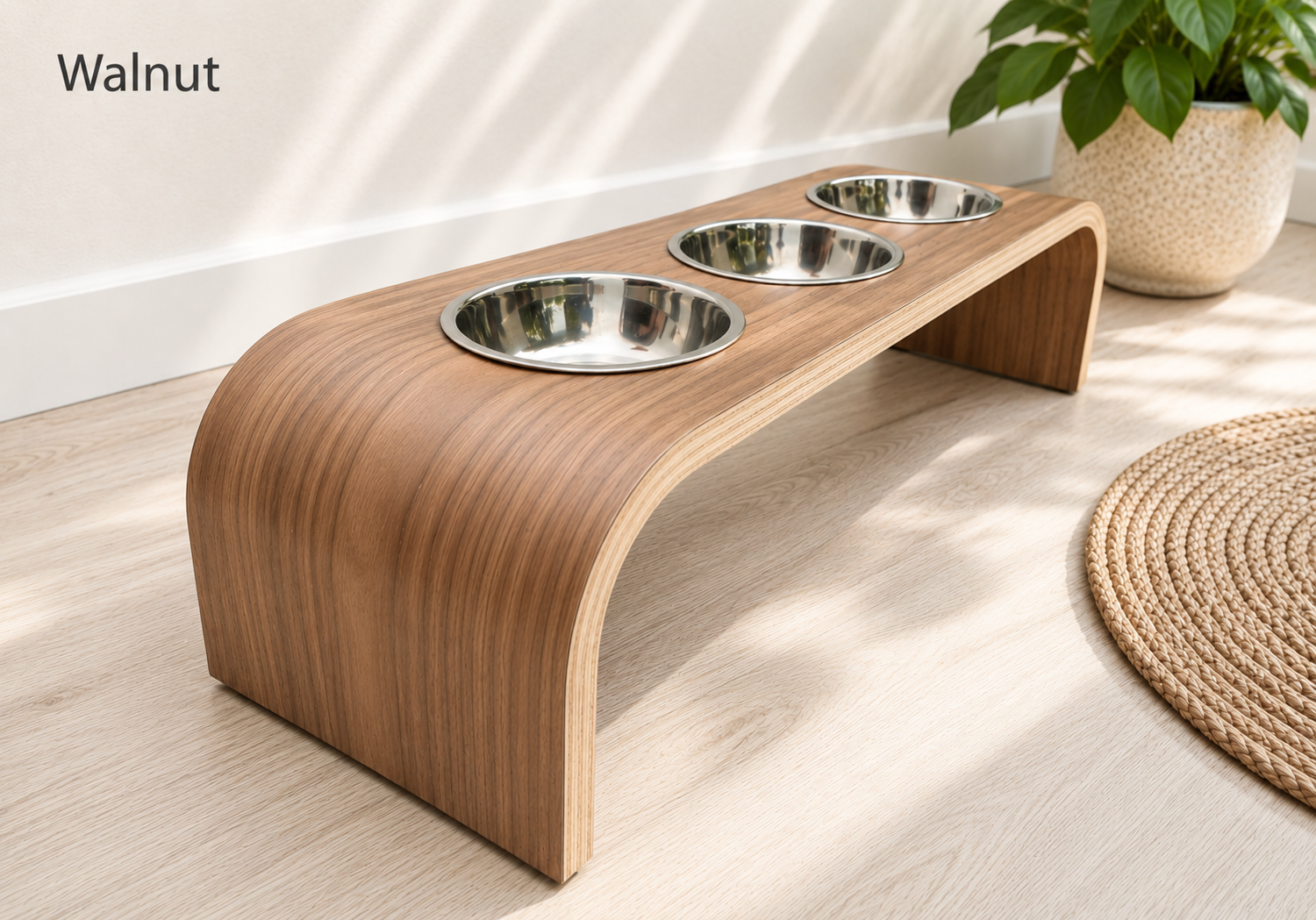Modern walnut raised triple dog bowl stand with stainless steel bowls, handcrafted curved wooden pet feeder for dogs and cats.