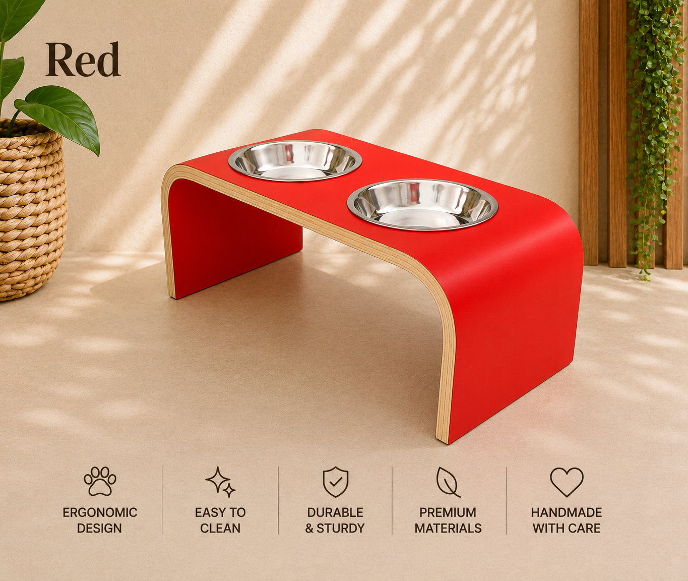 Red raised wooden dog bowl stand with stainless steel bowls, handmade elevated pet feeder in a bright modern home, ergonomic feeding station for dogs and cats.