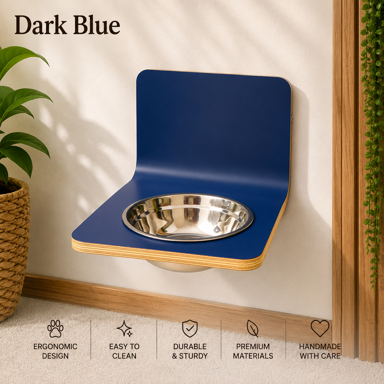 Dark blue wall mounted dog bowl stand with stainless steel bowl, handmade elevated wooden pet feeder with a contemporary finish.