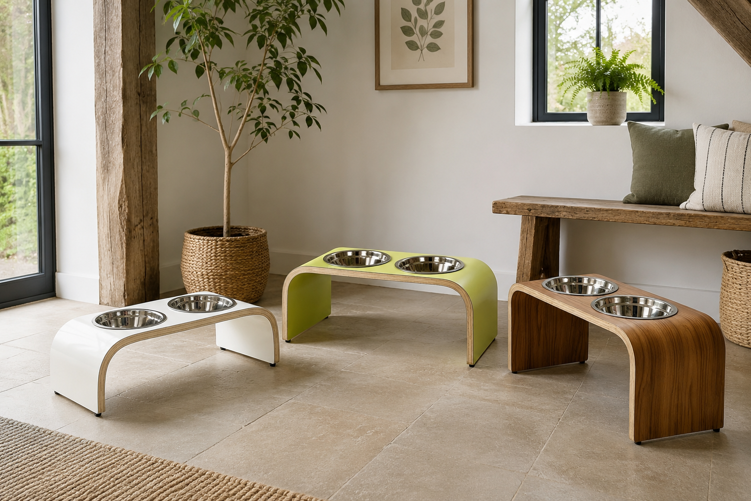 Handmade raised double dog bowl stands in white, olive green and walnut finishes with stainless steel bowls in a modern home interior.