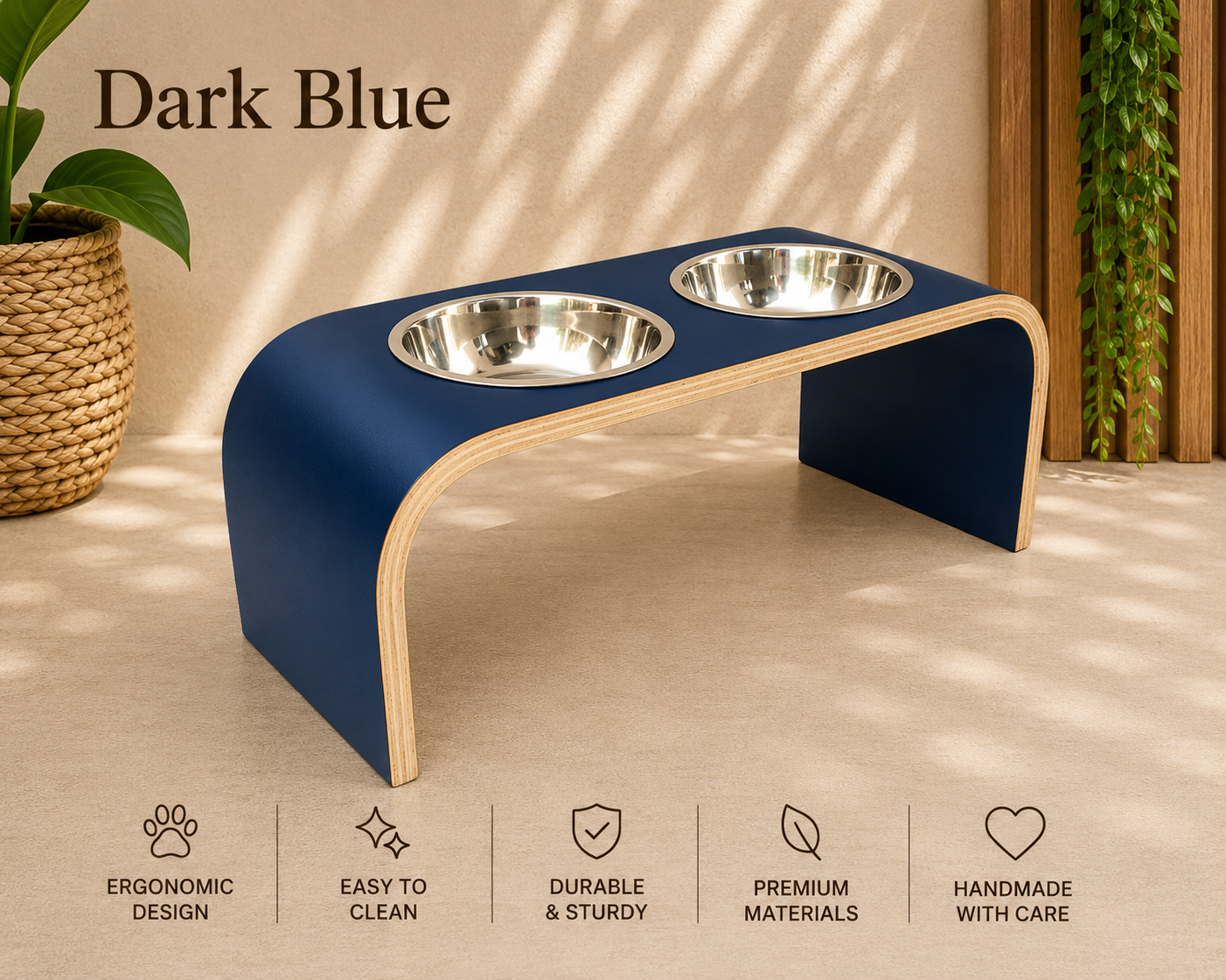Dark blue raised wooden dog bowl stand with stainless steel bowls, handmade elevated pet feeder in a stylish contemporary home, feeding station for dogs and cats.